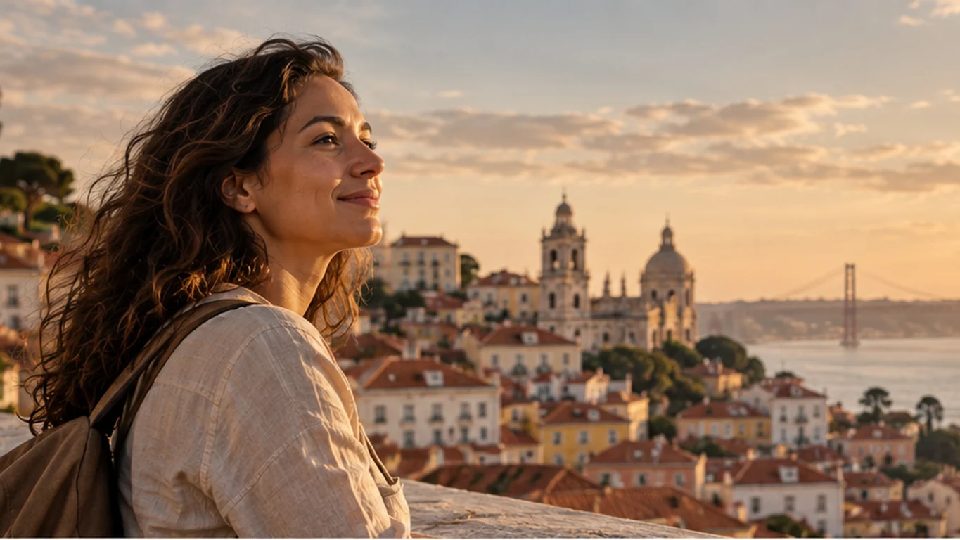 A woman looking across a city and river at sunset.