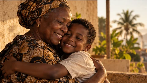 A woman and a child smiling as they embrace.